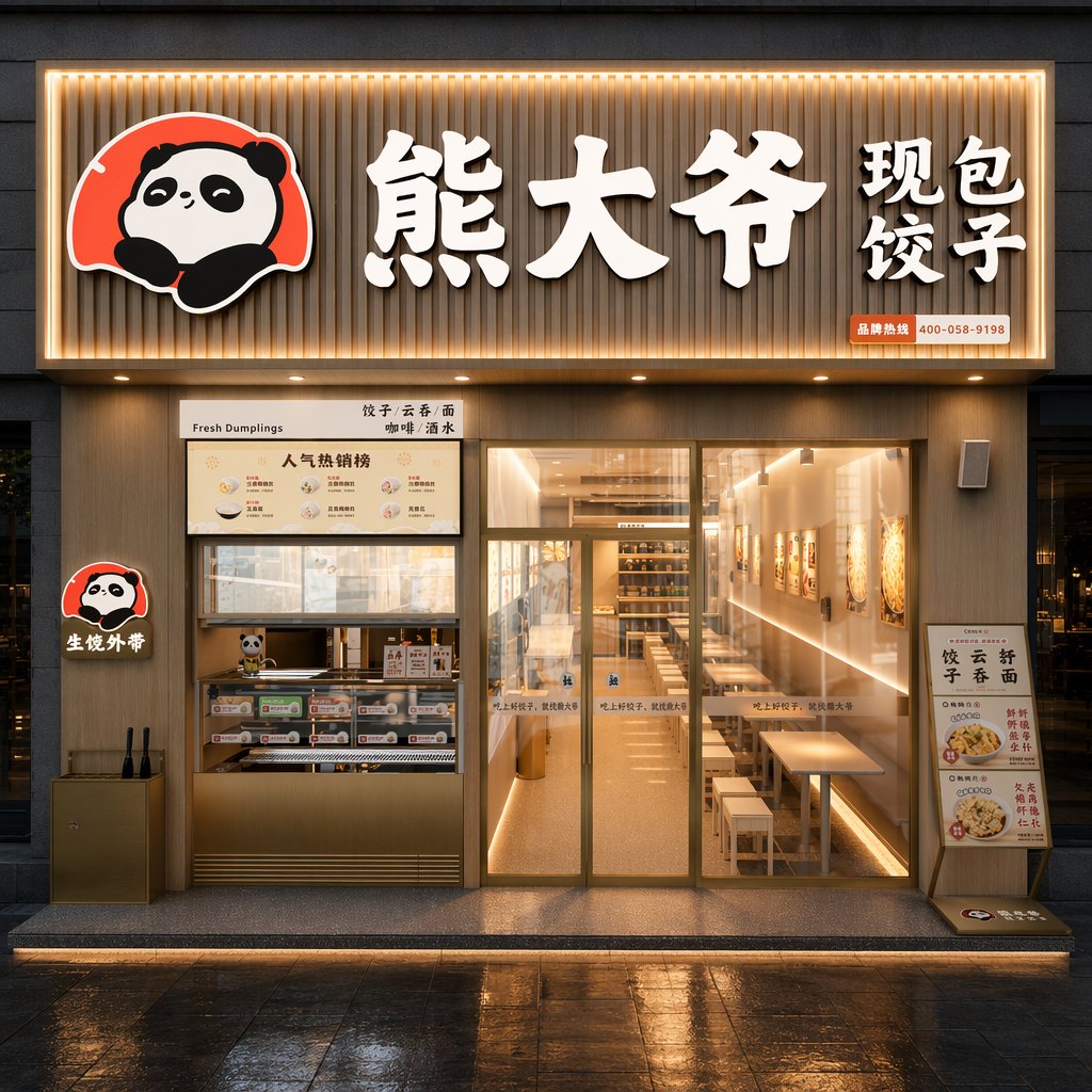 熊大爷门店门头：原木格栅与发光招牌