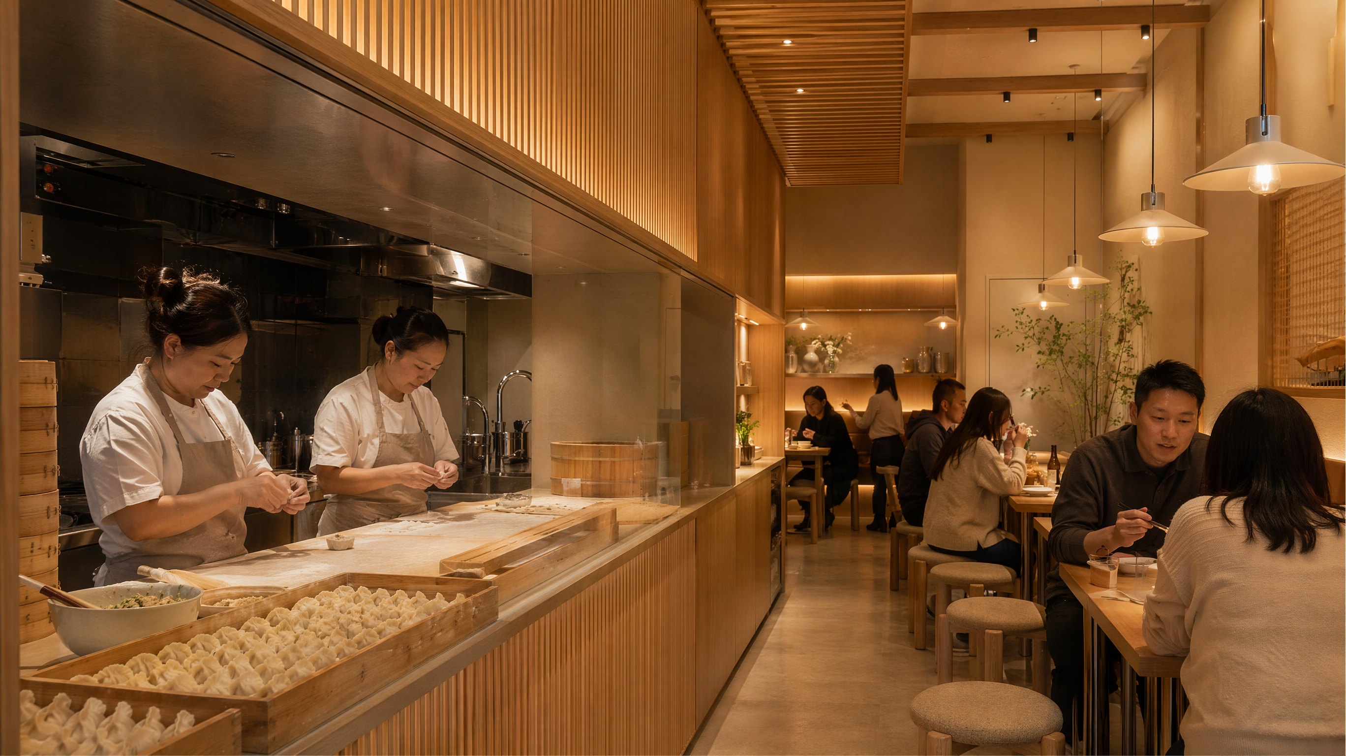 熊大爷门店内景：原木格栅、暖光与开放现包档口